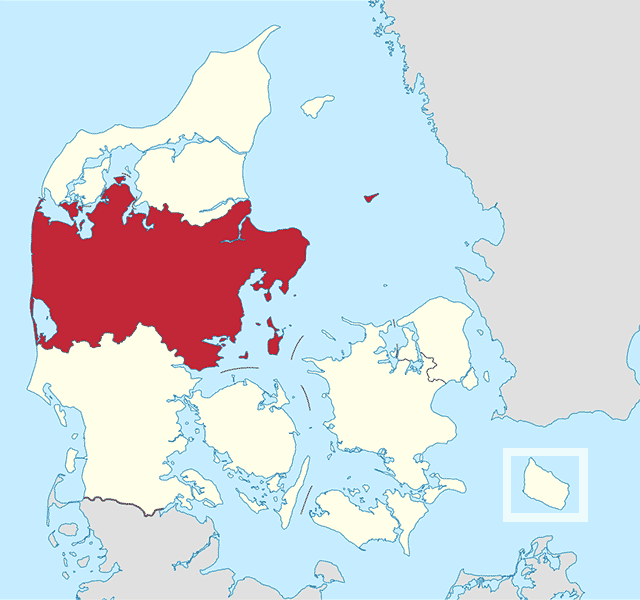 Danmarkskort med Region Midtjylland fremhævet med rødt