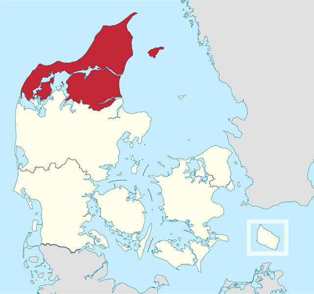 Danmarkskort med Region Nordjylland fremhævet med rødt