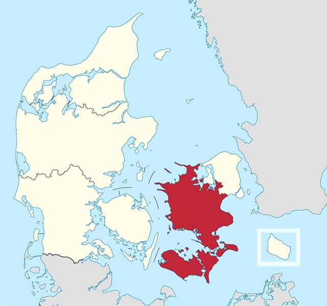 Danmarkskort, hvor Region Sjælland er fremhævet