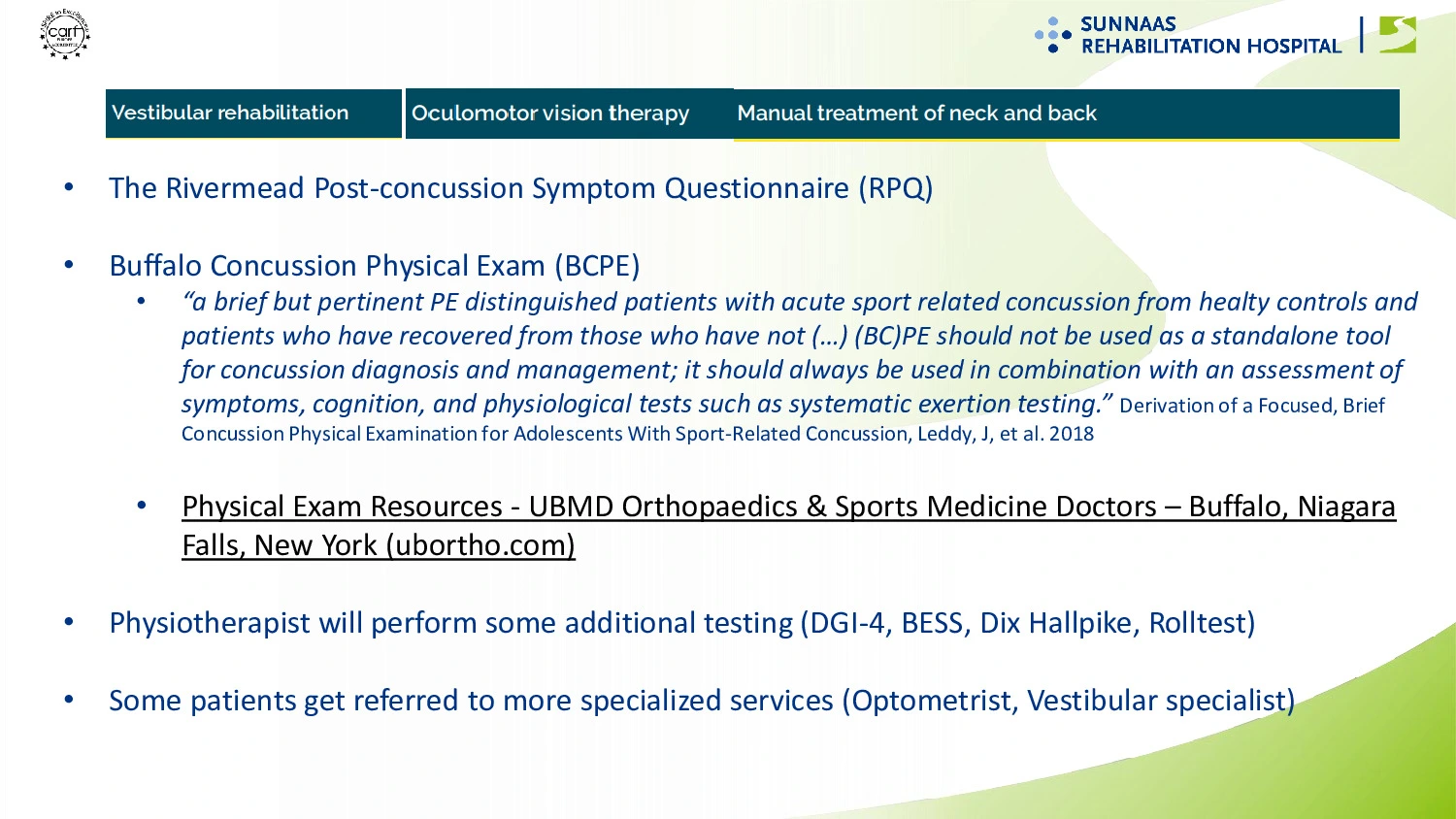 Slide fra foredrag ved Sunnaas Rehabilitation Center omkring behandling af hjernerystelse